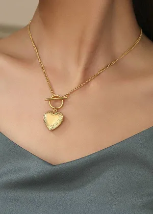 Gold Heart Locket Toggle Necklace (Waterproof)