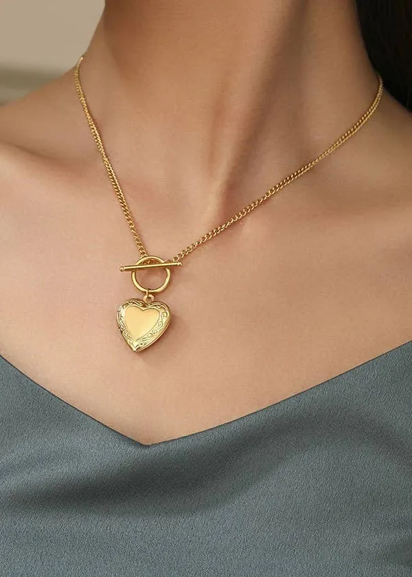 Gold Heart Locket Toggle Necklace (Waterproof)