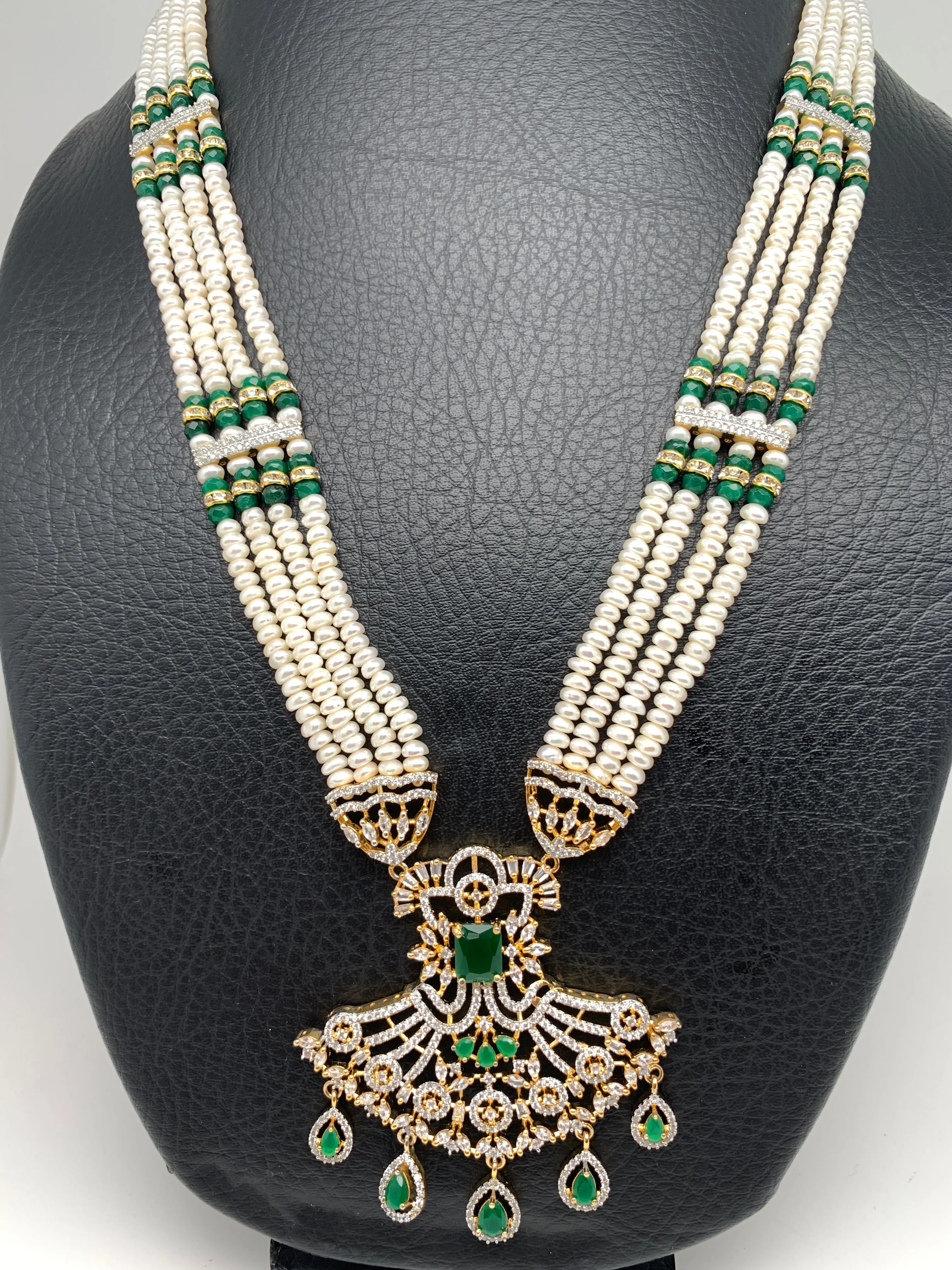 Green Stone AD Pendent Traditional Raani Haar with Real Pearls
