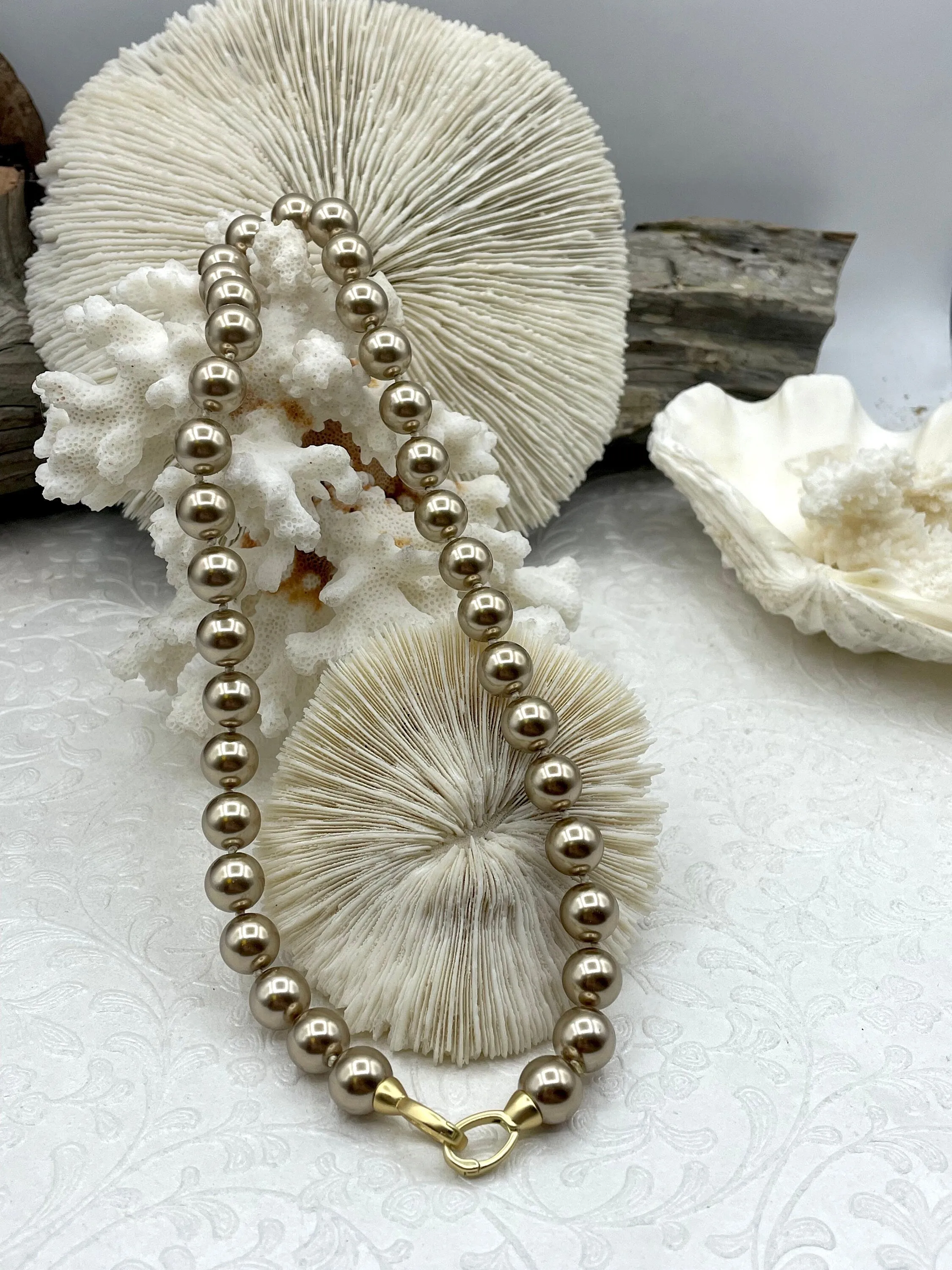 Hand Knotted Vintage Gold/Bronze Porcelain Glass Pearl Replica, 10mm round Shape Pearls, Matte Gold Double opening clasp, 18" long.Fast Ship