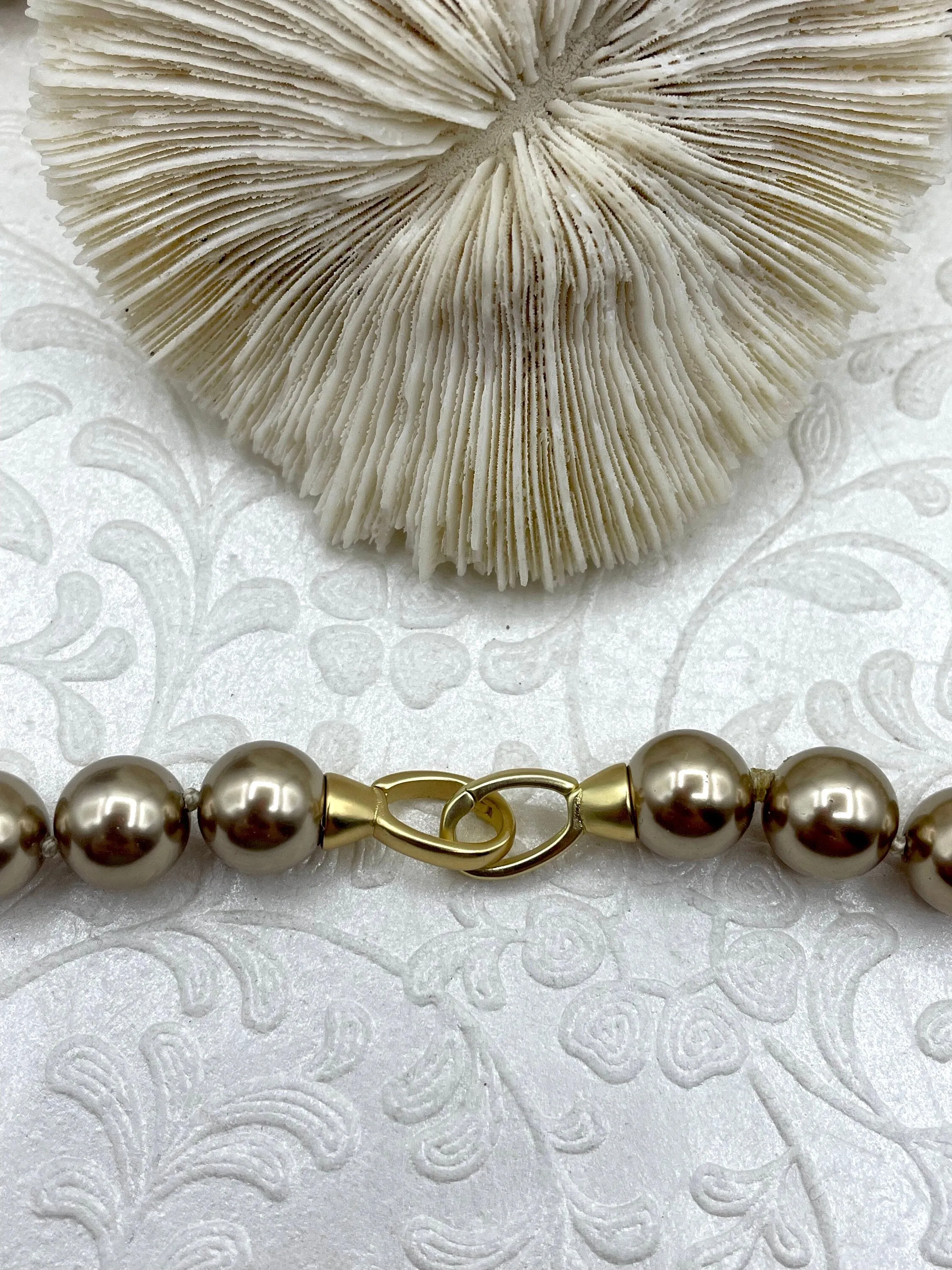 Hand Knotted Vintage Gold/Bronze Porcelain Glass Pearl Replica, 10mm round Shape Pearls, Matte Gold Double opening clasp, 18" long.Fast Ship