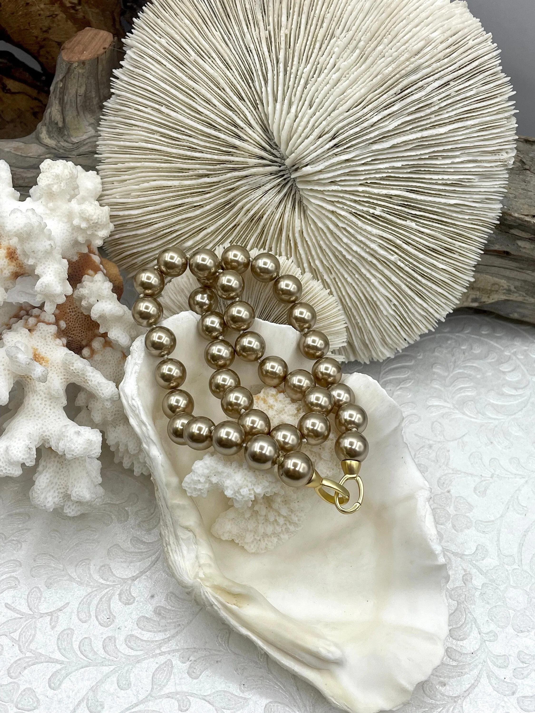 Hand Knotted Vintage Gold/Bronze Porcelain Glass Pearl Replica, 10mm round Shape Pearls, Matte Gold Double opening clasp, 18" long.Fast Ship