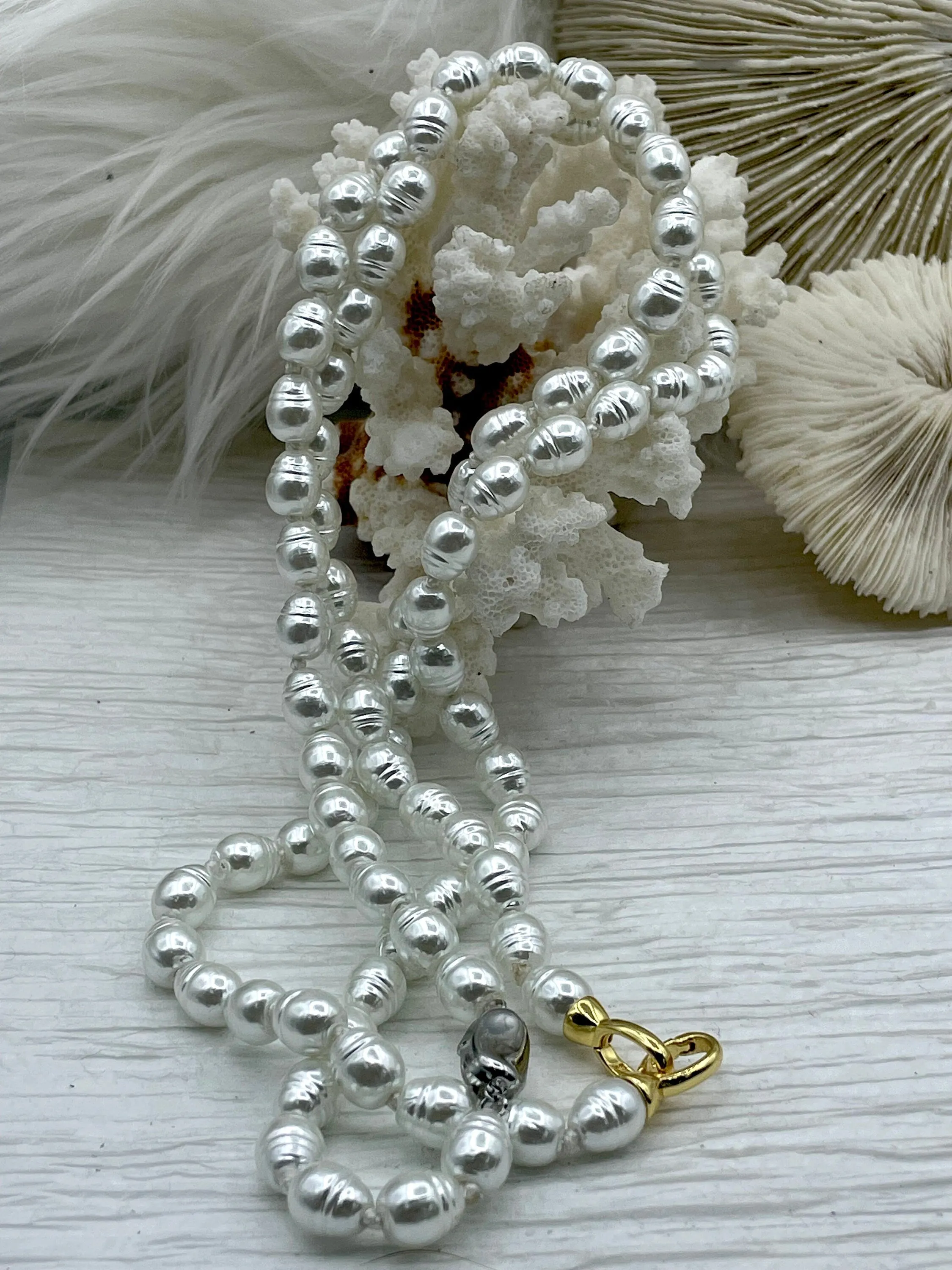 Hand Knotted Vintage Porcelain Glass Pearl Replica,Freshwater Potato Shape Pearls,Gold Double clasp or Silver Bean shape clasp,18".Fast Ship