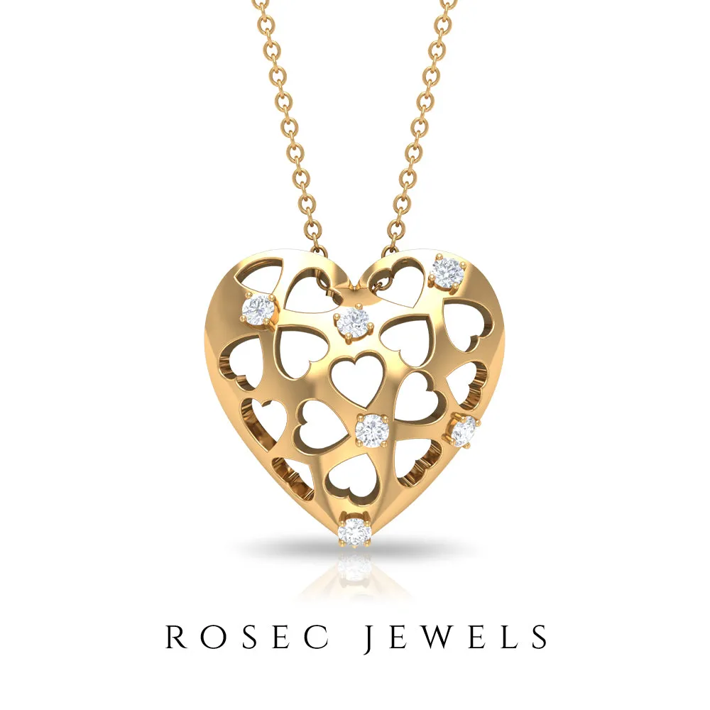 Heart Shaped Openwork Pendant with Round Diamond in Gold