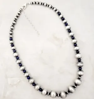 Large Navajo Pearls & Lapis Graduated Necklace Sterling Silver