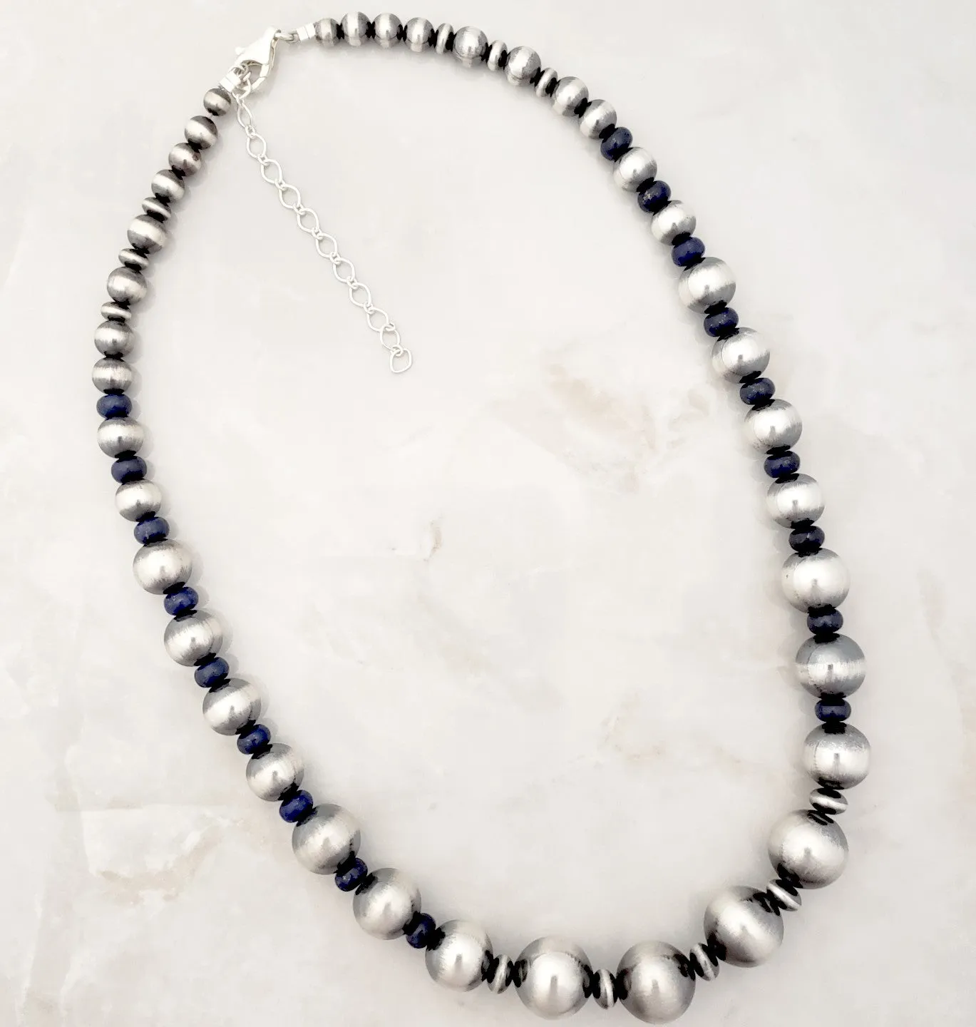 Large Navajo Pearls & Lapis Graduated Necklace Sterling Silver