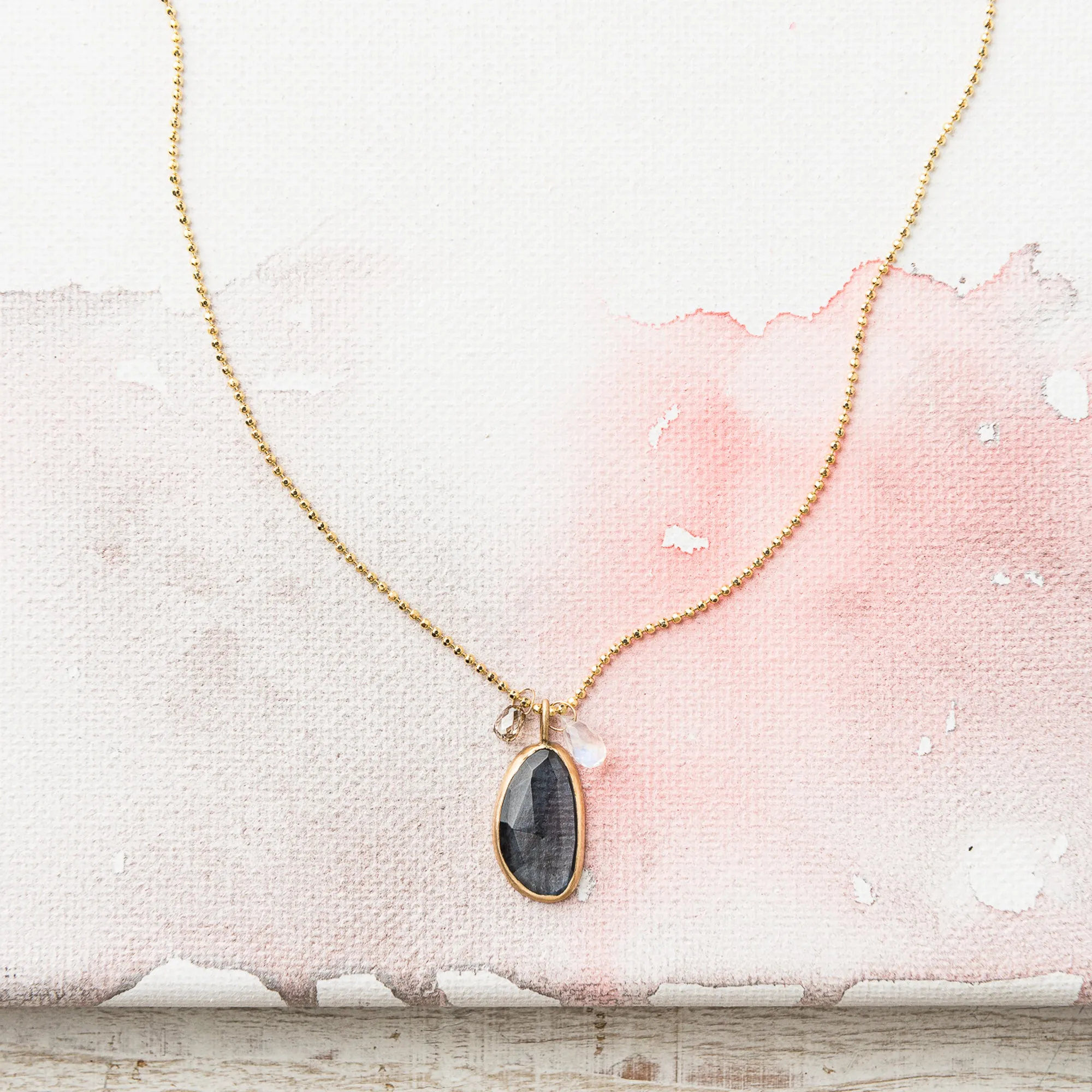 London Blue Topaz Cluster Necklace on Shimmer Ball Chain in 14k Gold