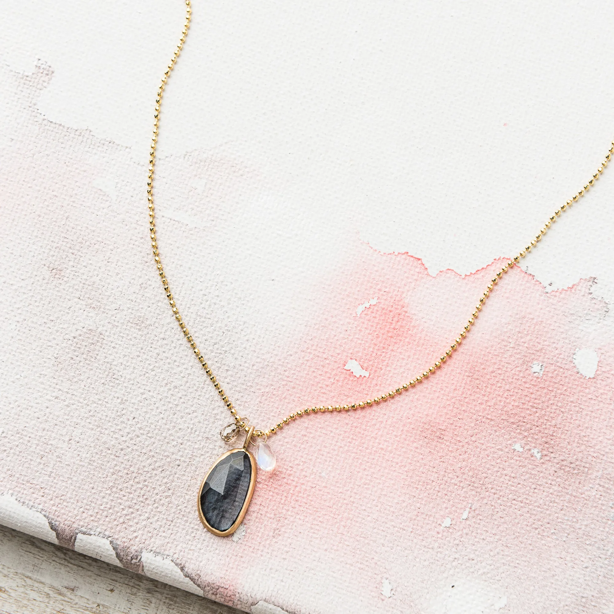 London Blue Topaz Cluster Necklace on Shimmer Ball Chain in 14k Gold