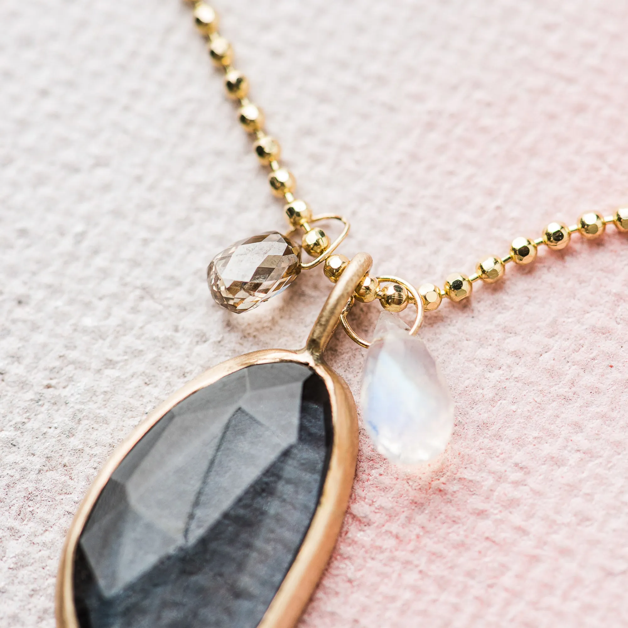 London Blue Topaz Cluster Necklace on Shimmer Ball Chain in 14k Gold