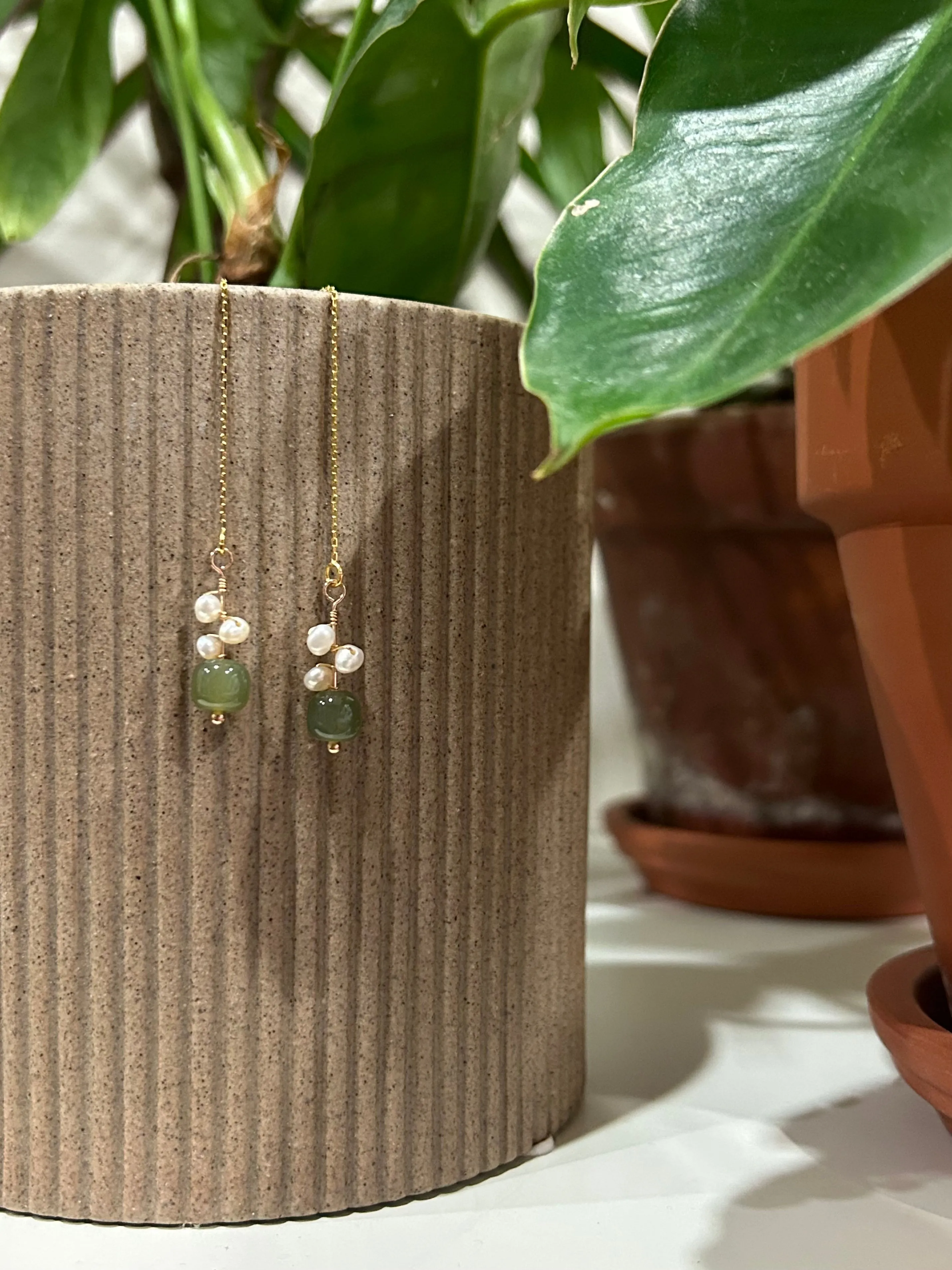 Madeleine — Jade and freshwater pearl drop earrings