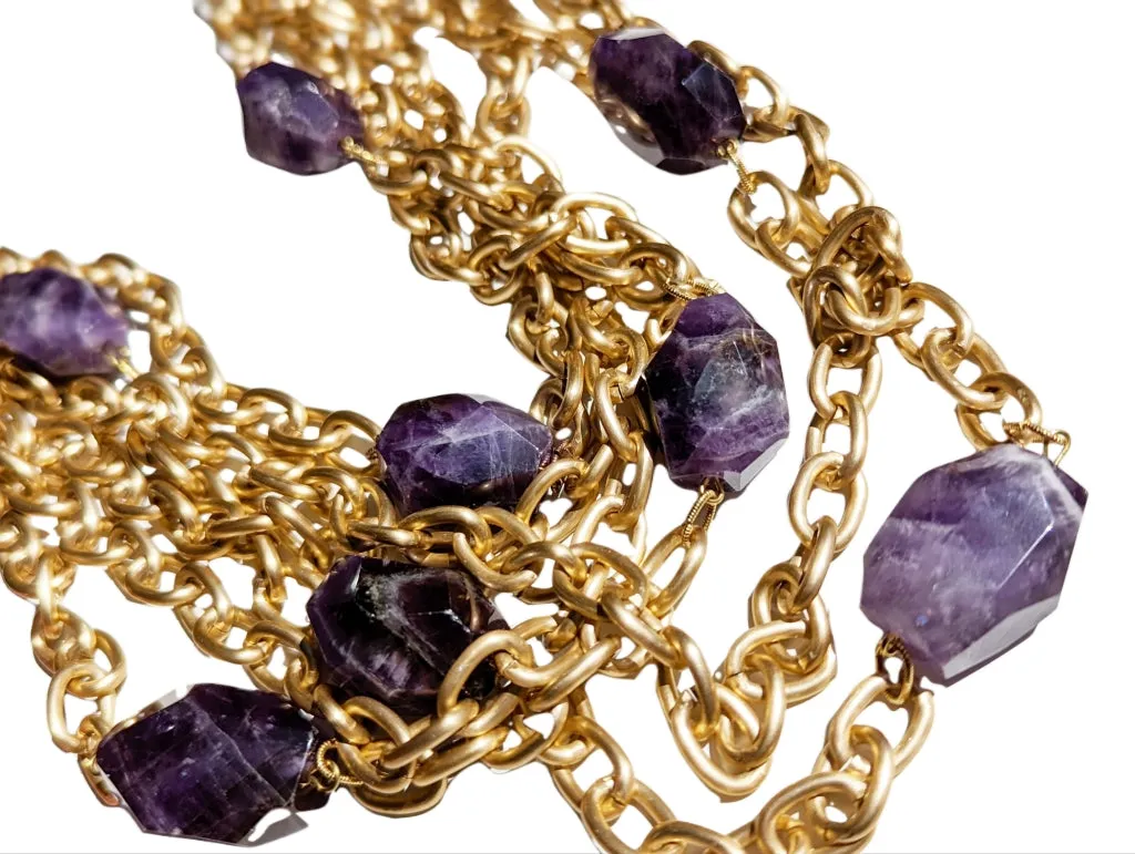 Matte Chains Necklace with BIG Amethyst Faceted Beads Handmade USA Gay Isber