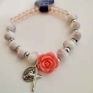 Miraculous Medal Pink and White Stretch Bracelet with Crystals and Rose colored and shaped Resin Bead