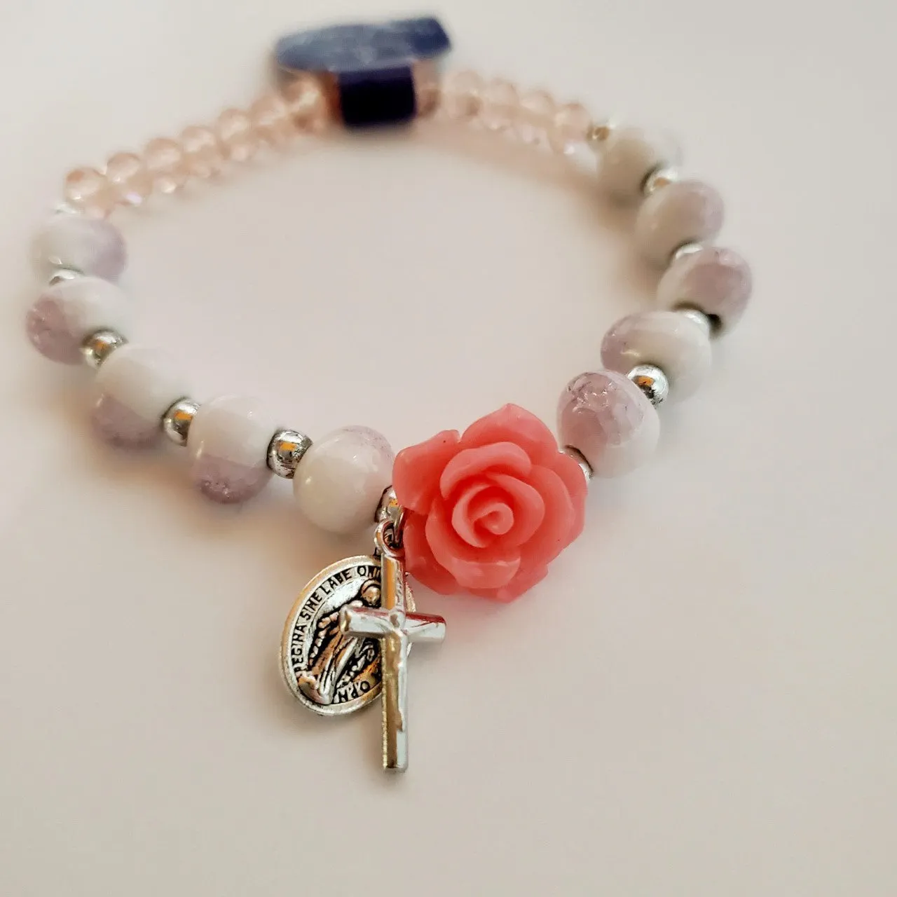 Miraculous Medal Pink and White Stretch Bracelet with Crystals and Rose colored and shaped Resin Bead