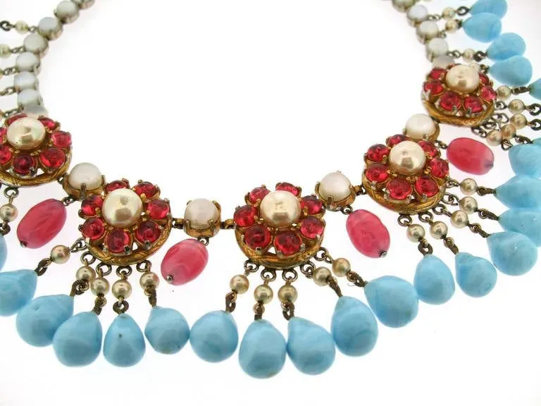 Mitchell Maer for Christian Dior Vintage Necklace Turquoise Ruby Glass 1950