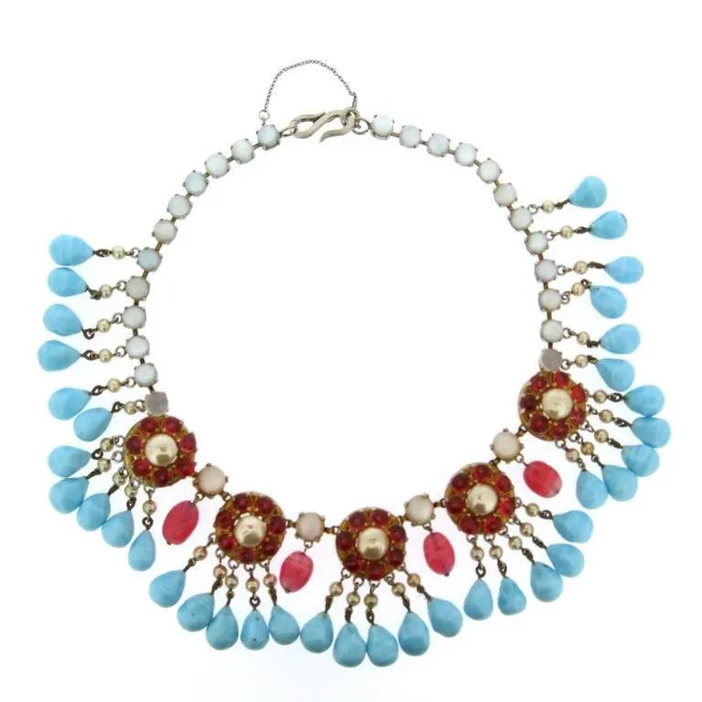 Mitchell Maer for Christian Dior Vintage Necklace Turquoise Ruby Glass 1950