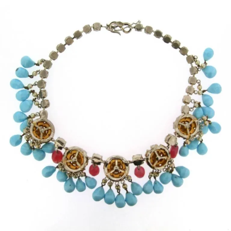 Mitchell Maer for Christian Dior Vintage Necklace Turquoise Ruby Glass 1950
