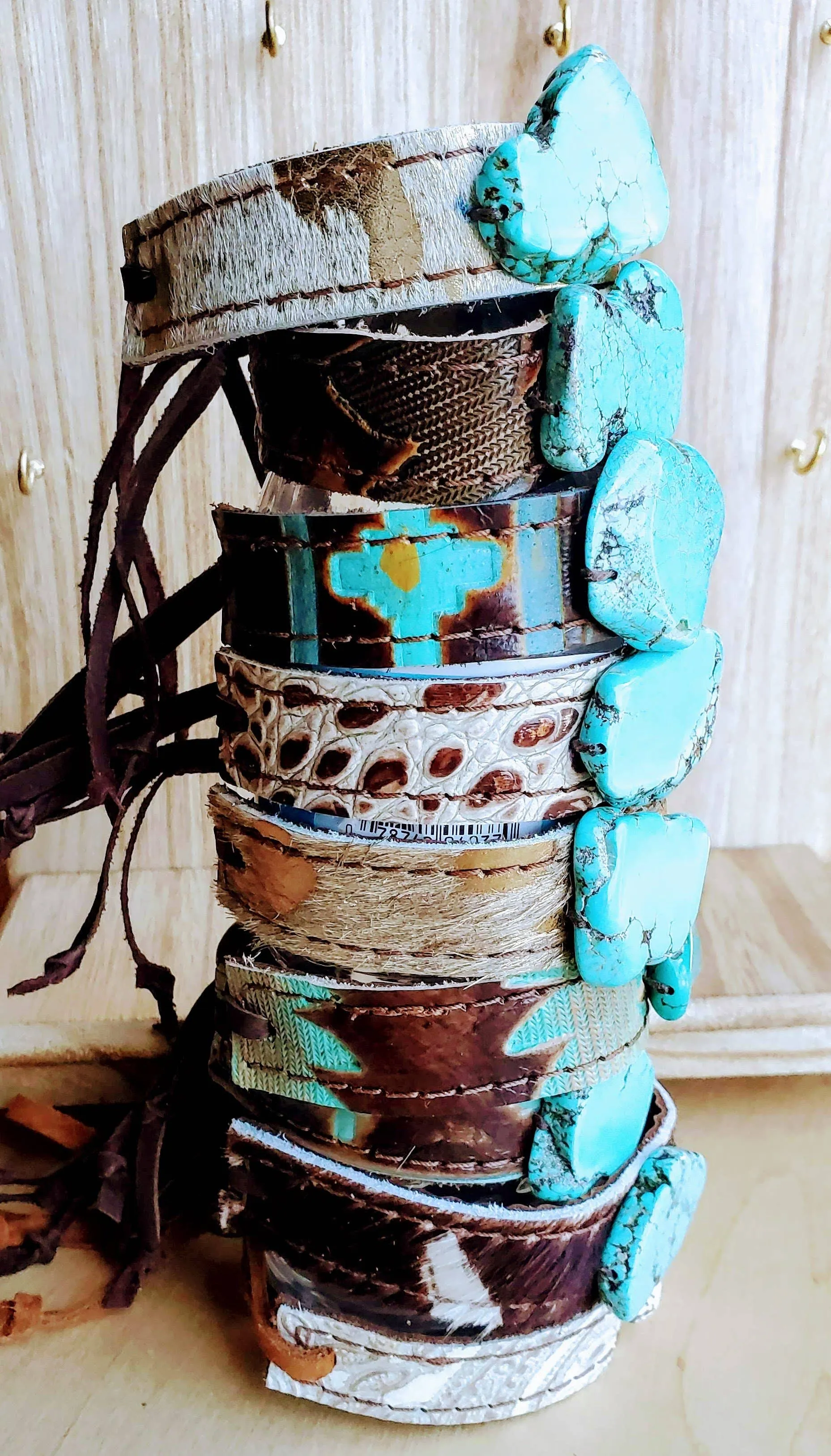 Narrow Leather Cuff with Turquoise Slab-Brindle Hide