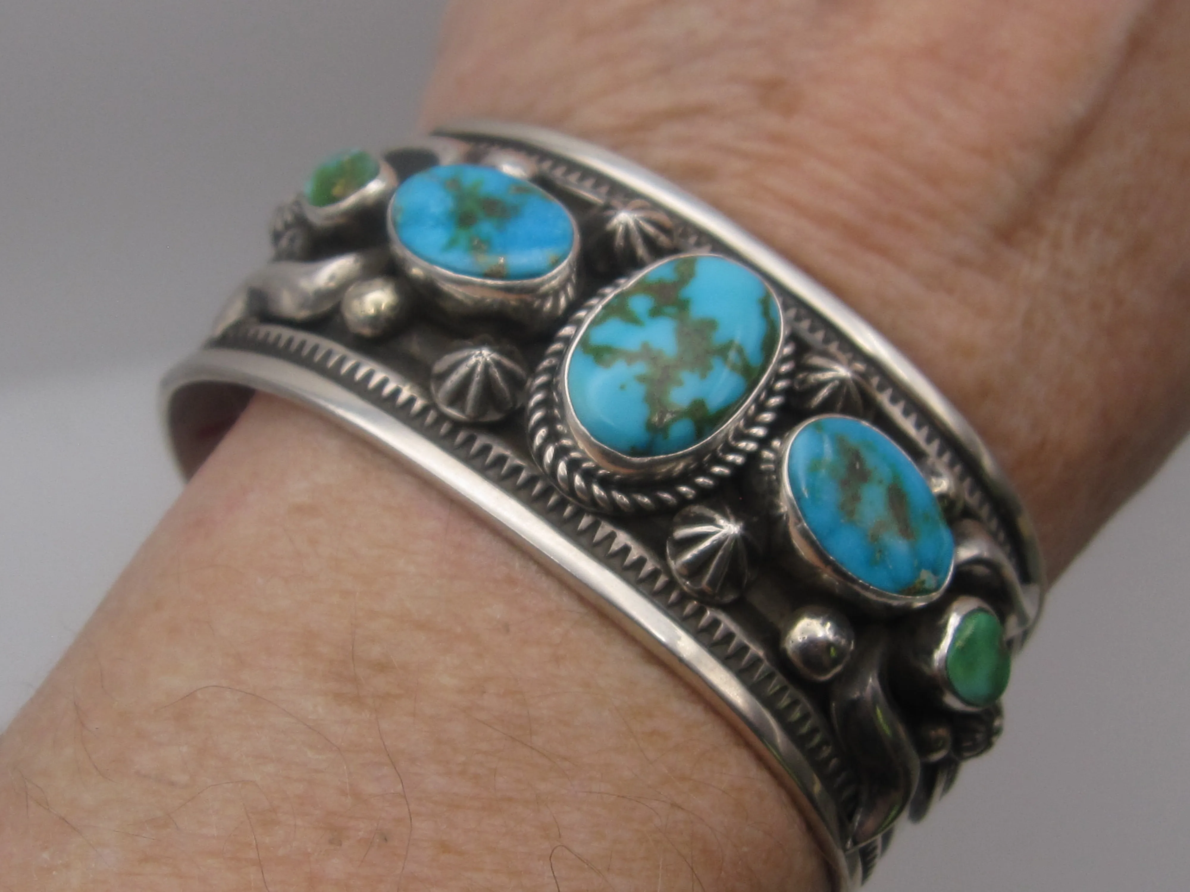 Native American Made Five Stone Turquoise and Sterling Silver Cuff Bracelet by Albert Jake