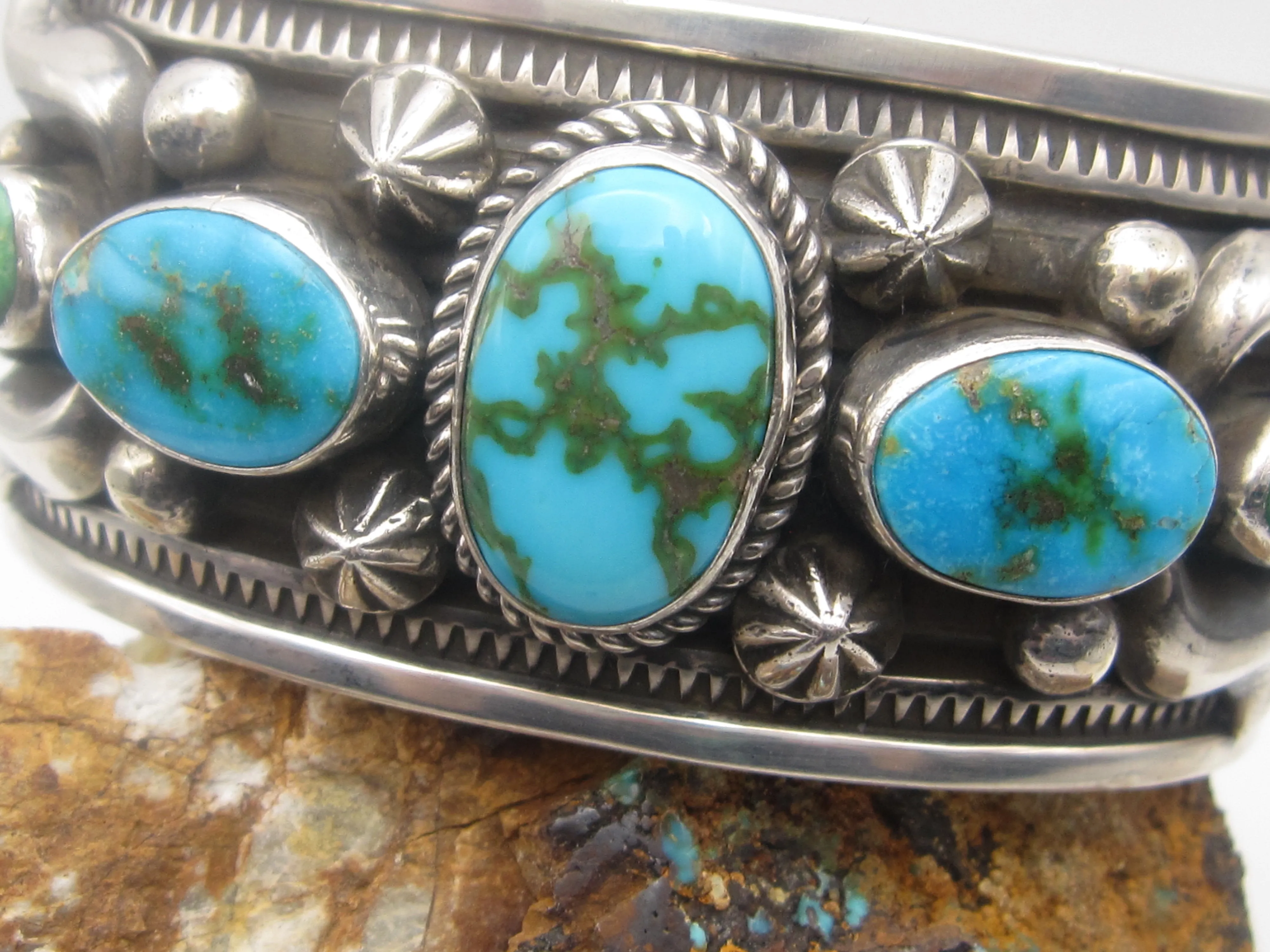 Native American Made Five Stone Turquoise and Sterling Silver Cuff Bracelet by Albert Jake