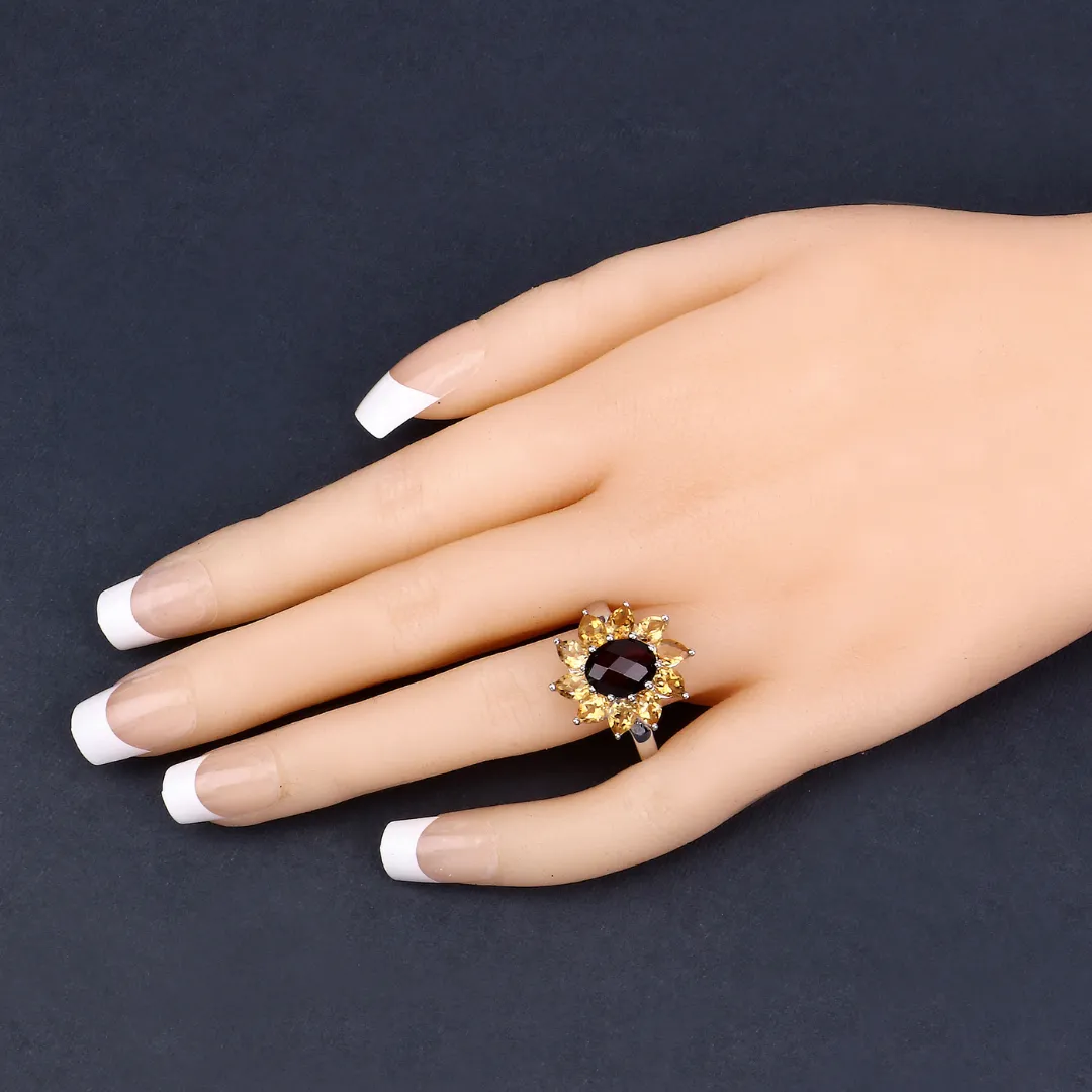 Natural Garnet and Citrine Sunflower Ring