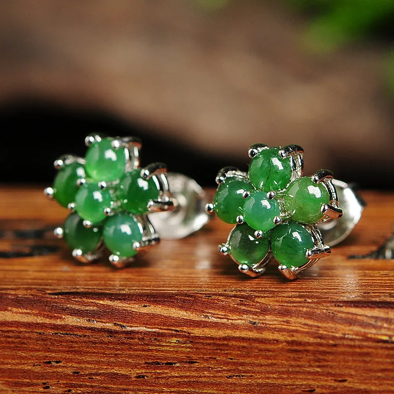 Natural Jade Earrings Jadeite Silver Flower Earrings WE4