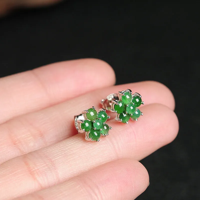 Natural Jade Earrings Jadeite Silver Flower Earrings WE4