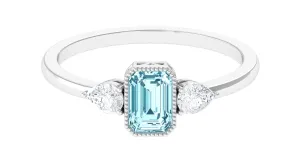 Octagon Cut Aquamarine Solitaire and Diamond Ring