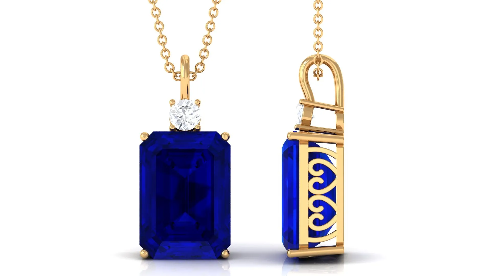Octagon Cut Created Blue Sapphire Solitaire Pendant with Moissanite
