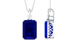 Octagon Cut Created Blue Sapphire Solitaire Pendant with Moissanite