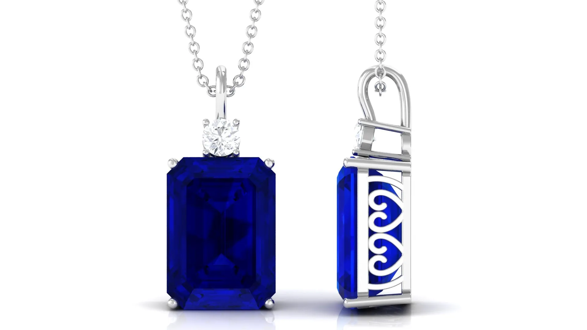 Octagon Cut Created Blue Sapphire Solitaire Pendant with Moissanite