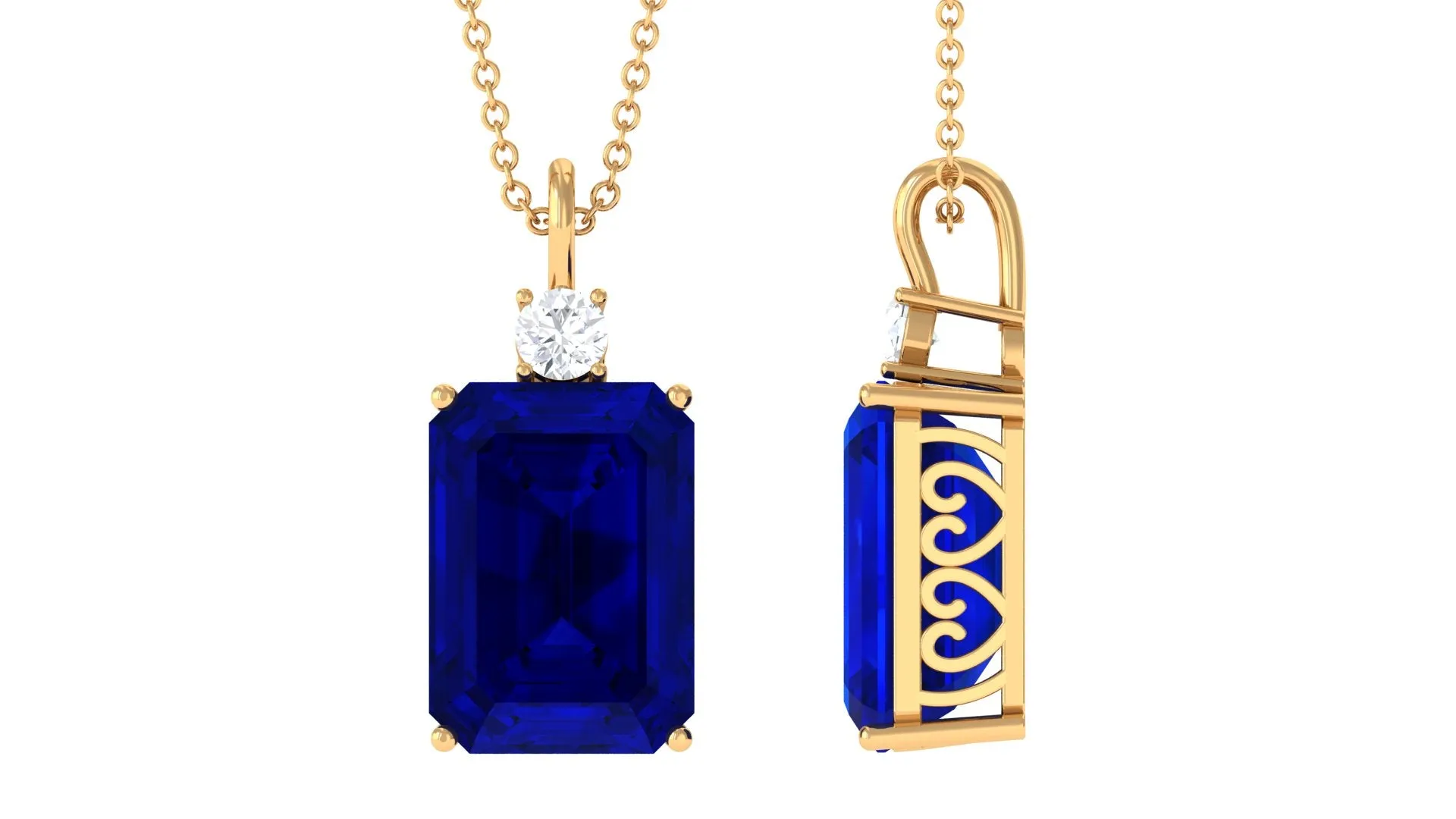 Octagon Cut Created Blue Sapphire Solitaire Pendant with Moissanite