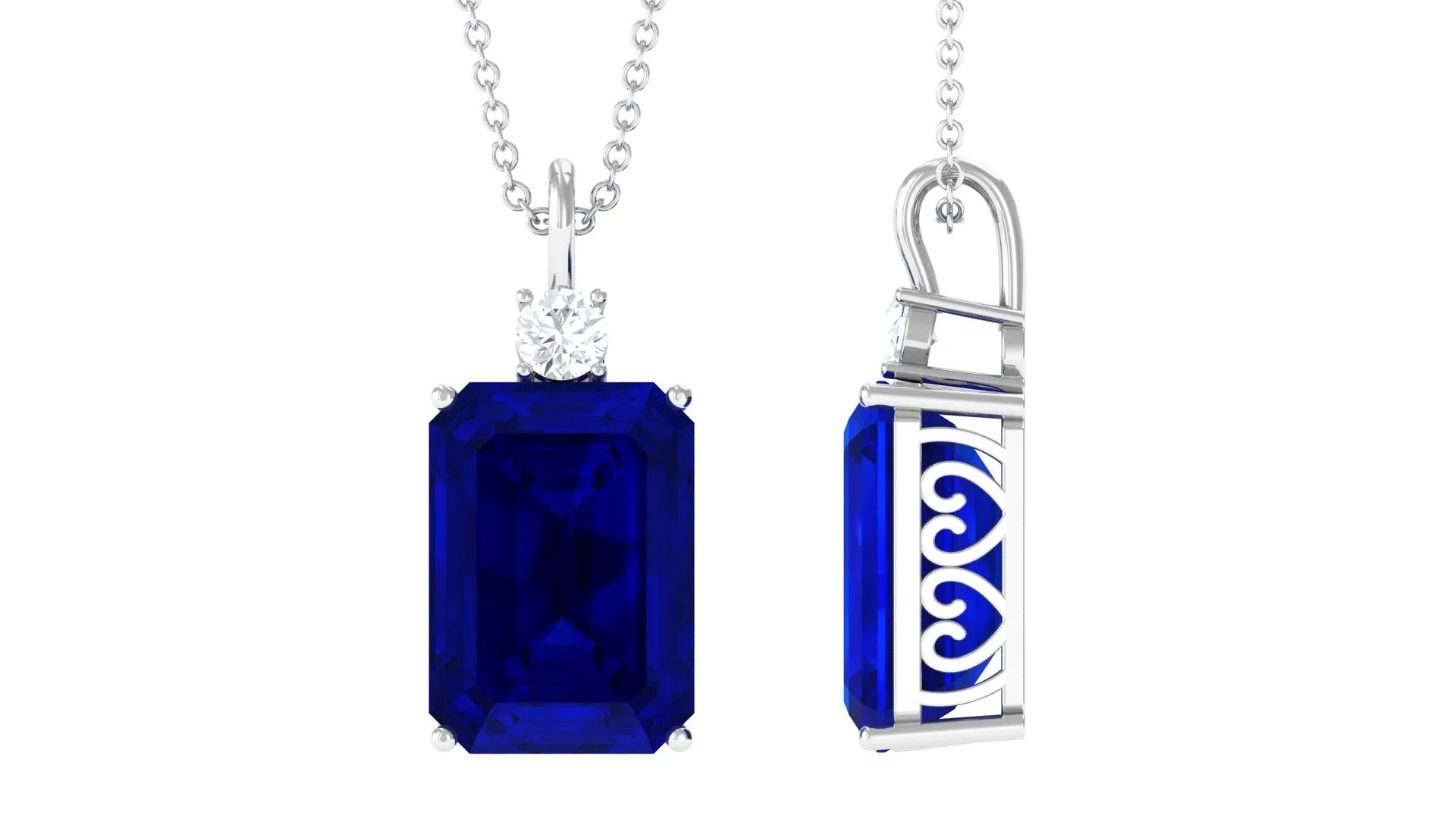 Octagon Cut Created Blue Sapphire Solitaire Pendant with Moissanite