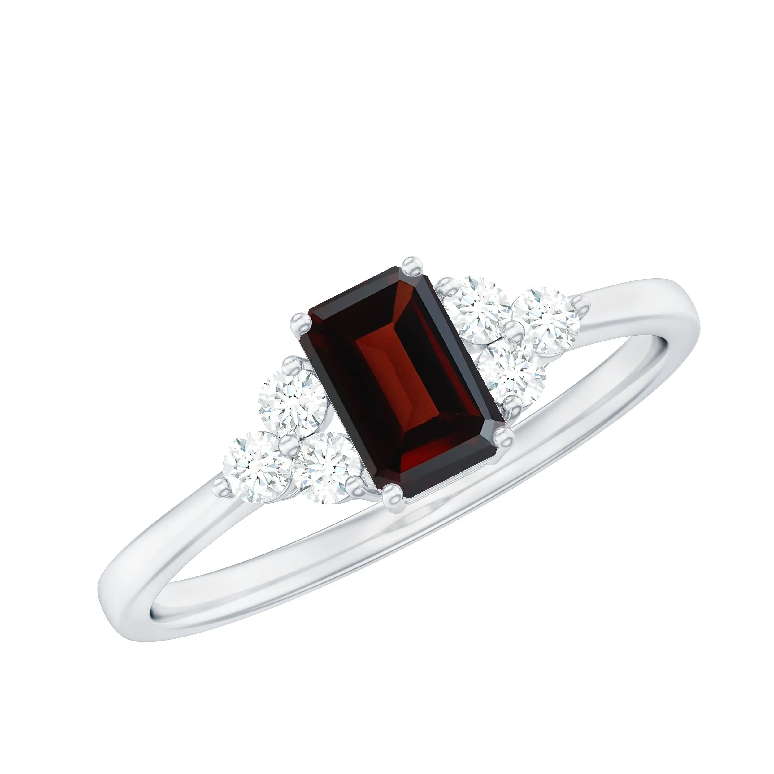 Octagon Shape Garnet Solitaire Ring with Diamond Trio