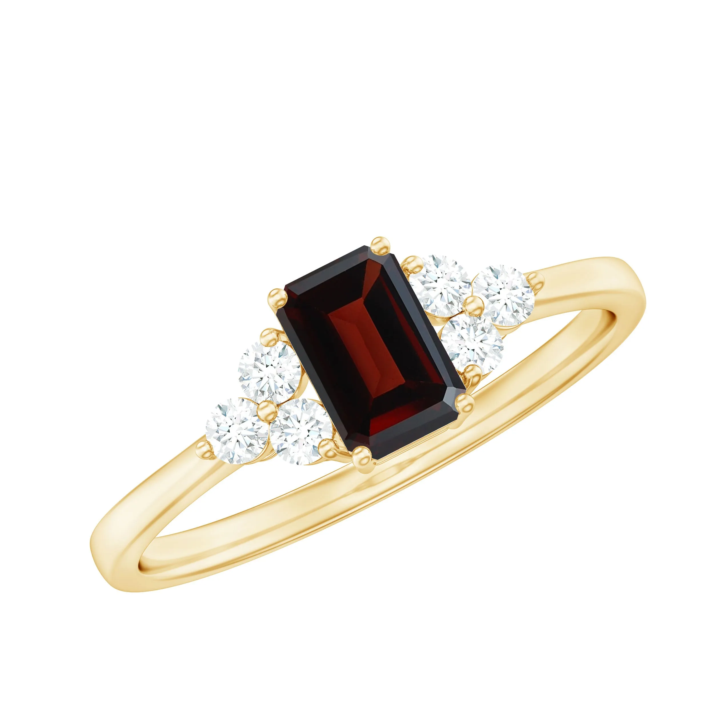 Octagon Shape Garnet Solitaire Ring with Diamond Trio