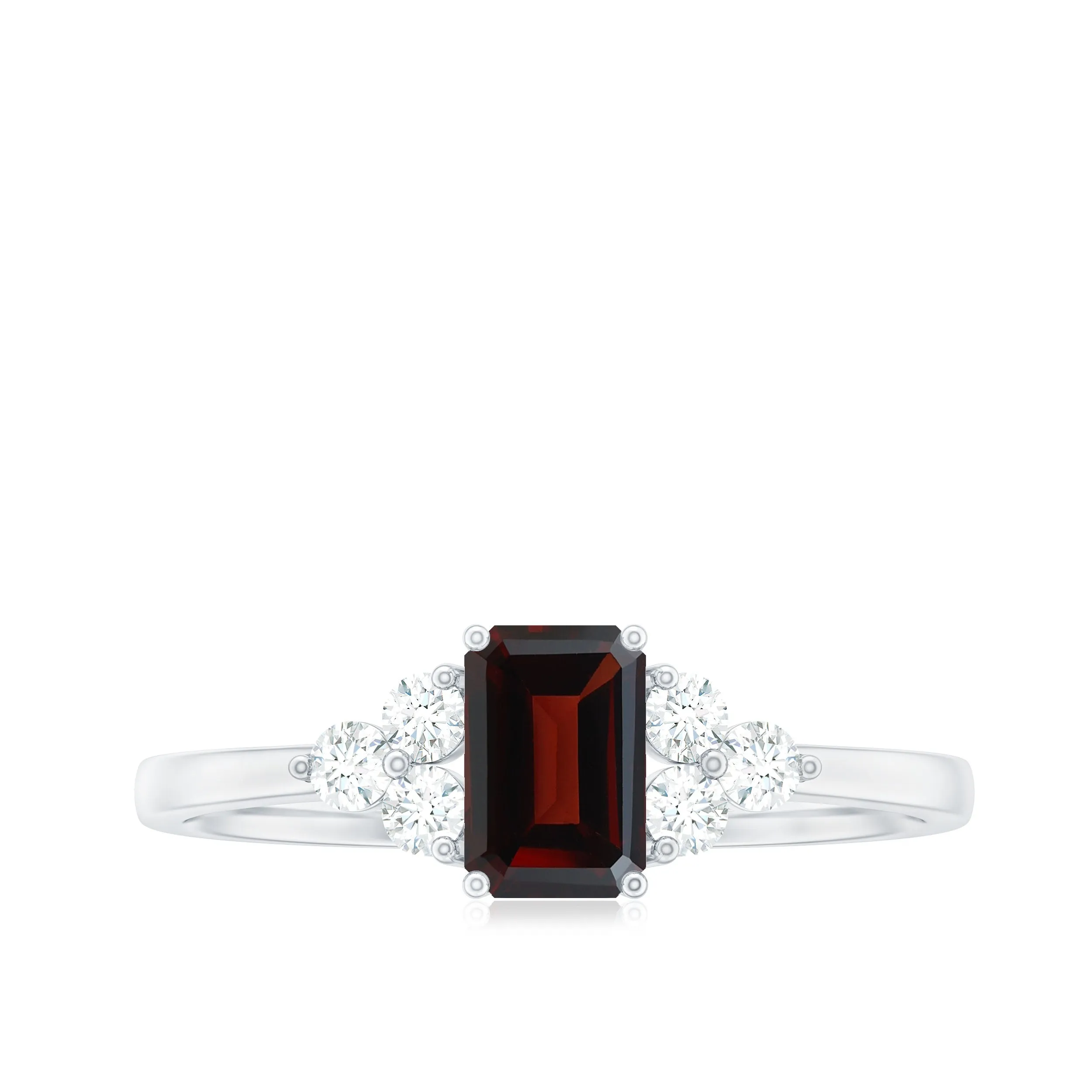 Octagon Shape Garnet Solitaire Ring with Diamond Trio
