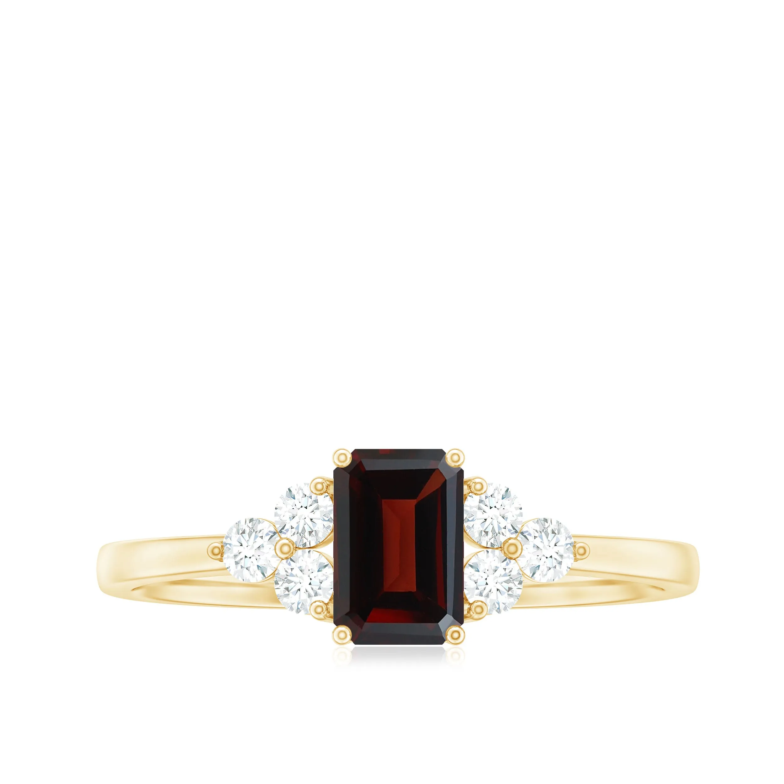 Octagon Shape Garnet Solitaire Ring with Diamond Trio
