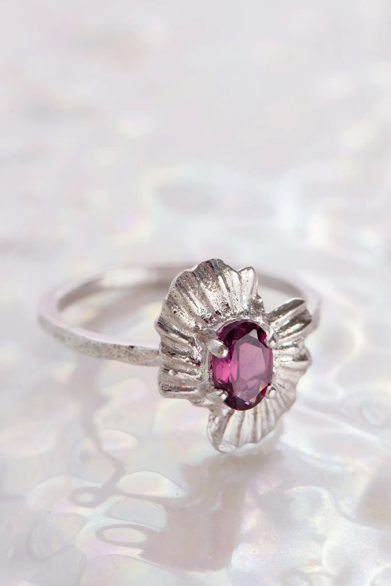 One of a Kind ~ Oval Starburst Shell Moss Textured Ring in White Gold