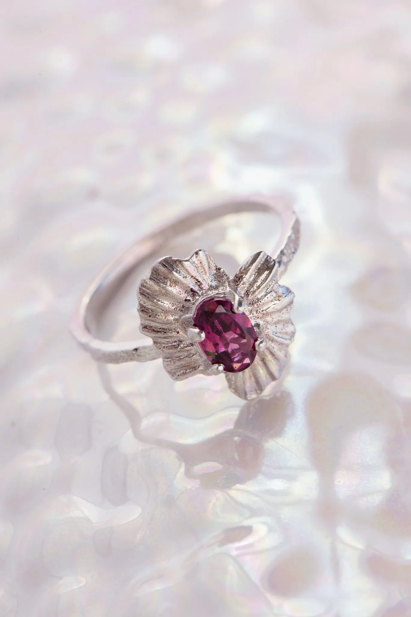 One of a Kind ~ Oval Starburst Shell Moss Textured Ring in White Gold