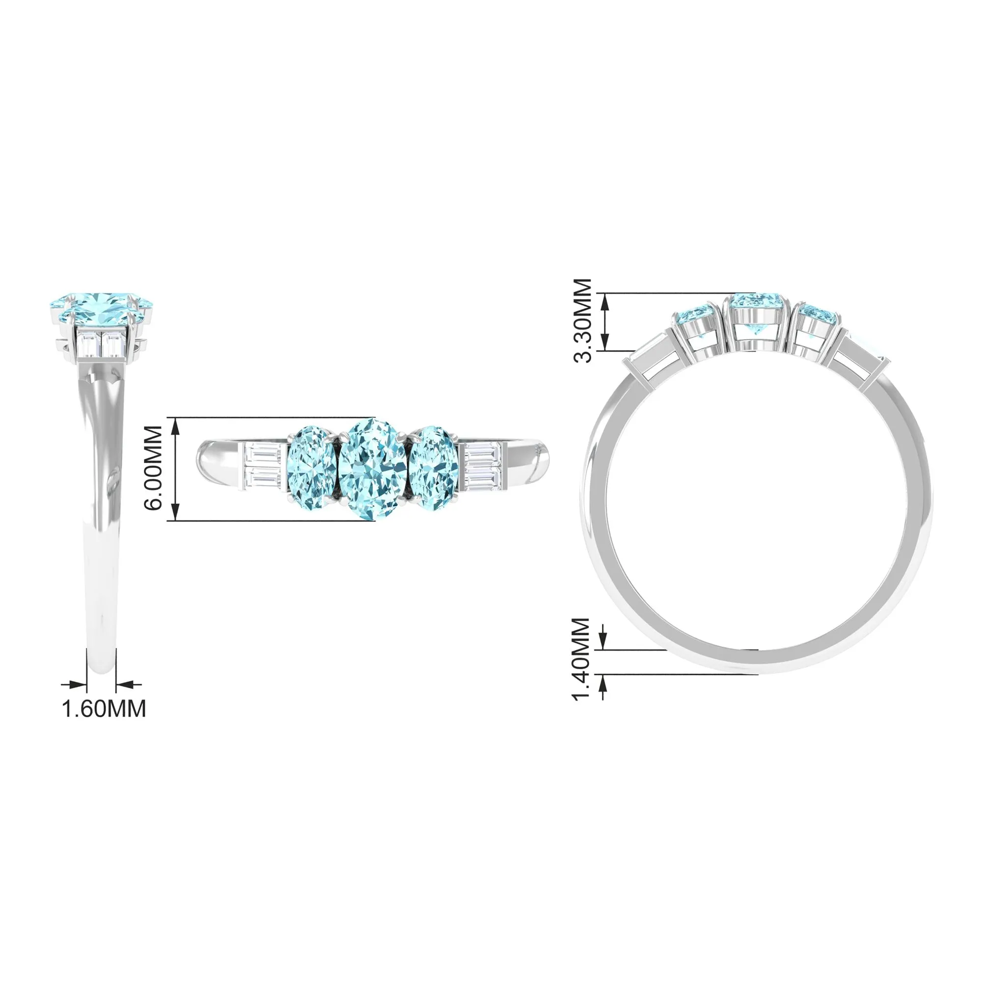 Oval Cut Aquamarine Three Stone Ring with Diamond