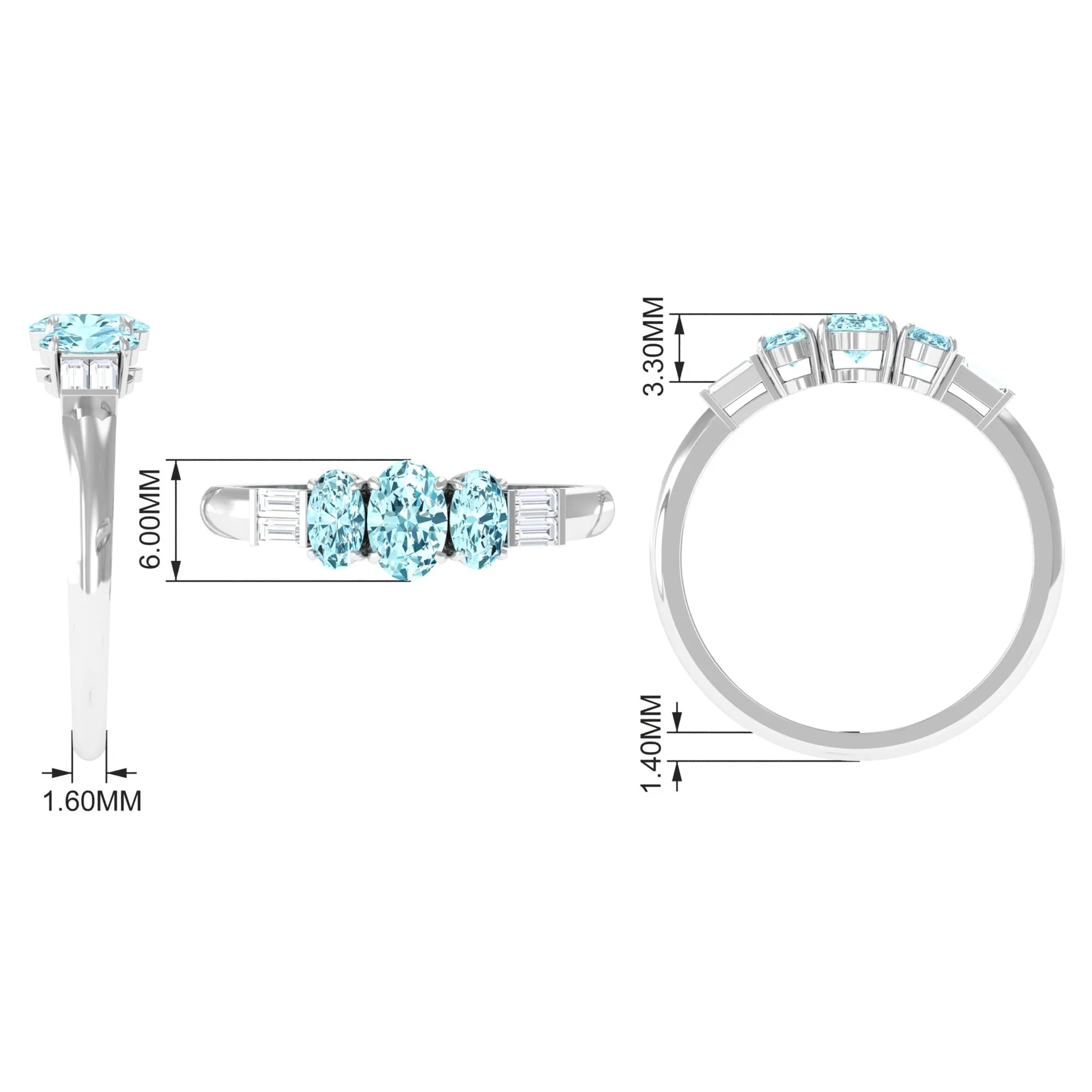 Oval Cut Aquamarine Three Stone Ring with Diamond
