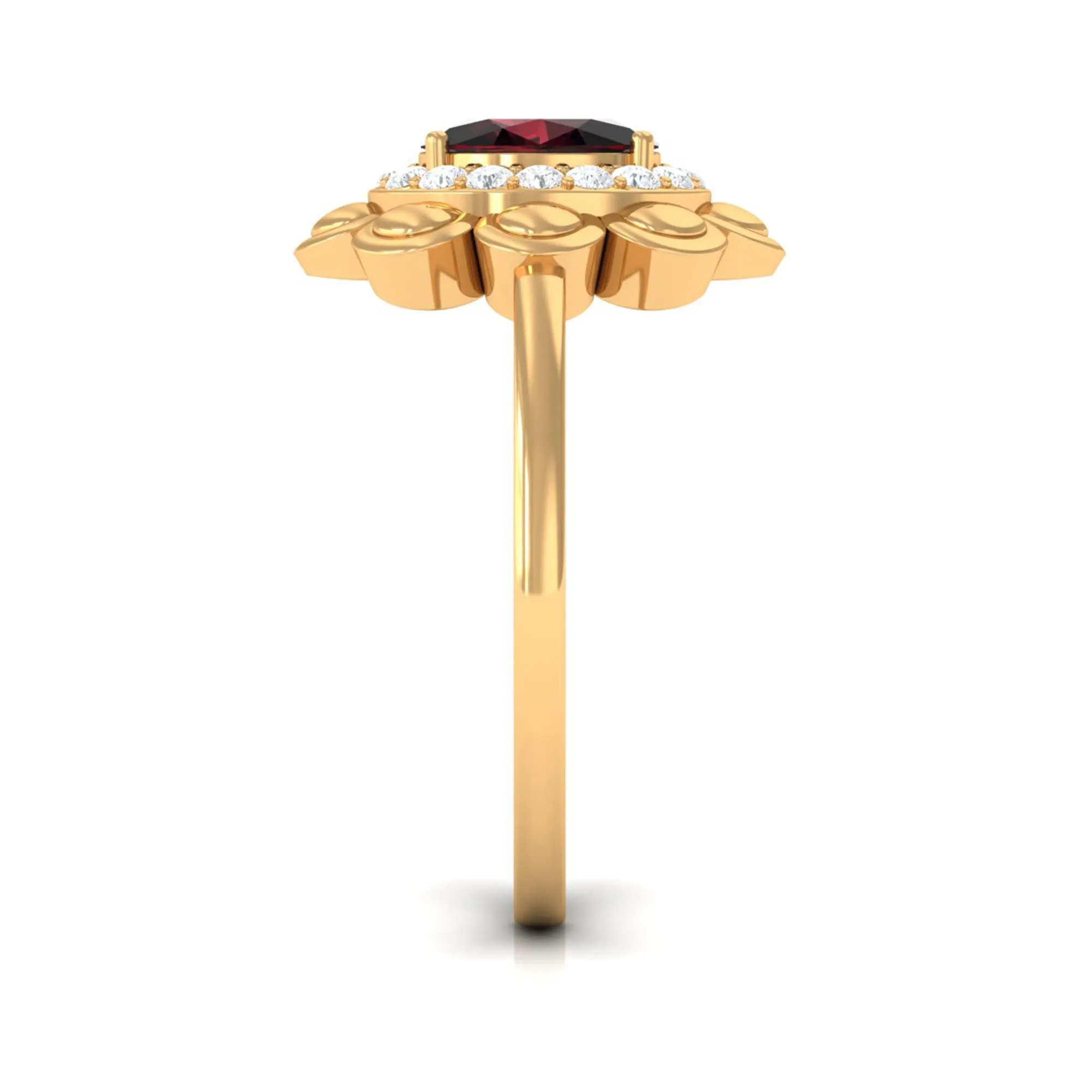 Oval Shape Garnet Flower Engagement Ring with Diamond Halo