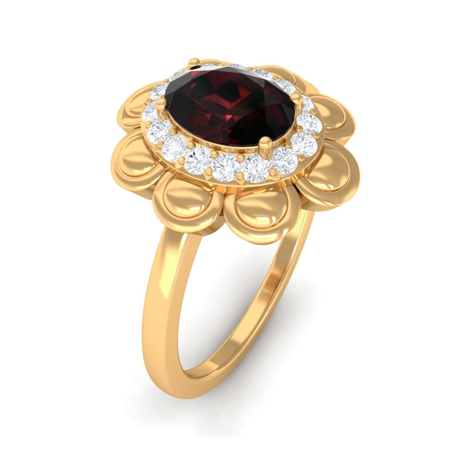 Oval Shape Garnet Flower Engagement Ring with Diamond Halo