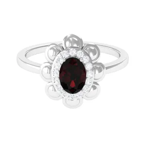 Oval Shape Garnet Flower Engagement Ring with Diamond Halo