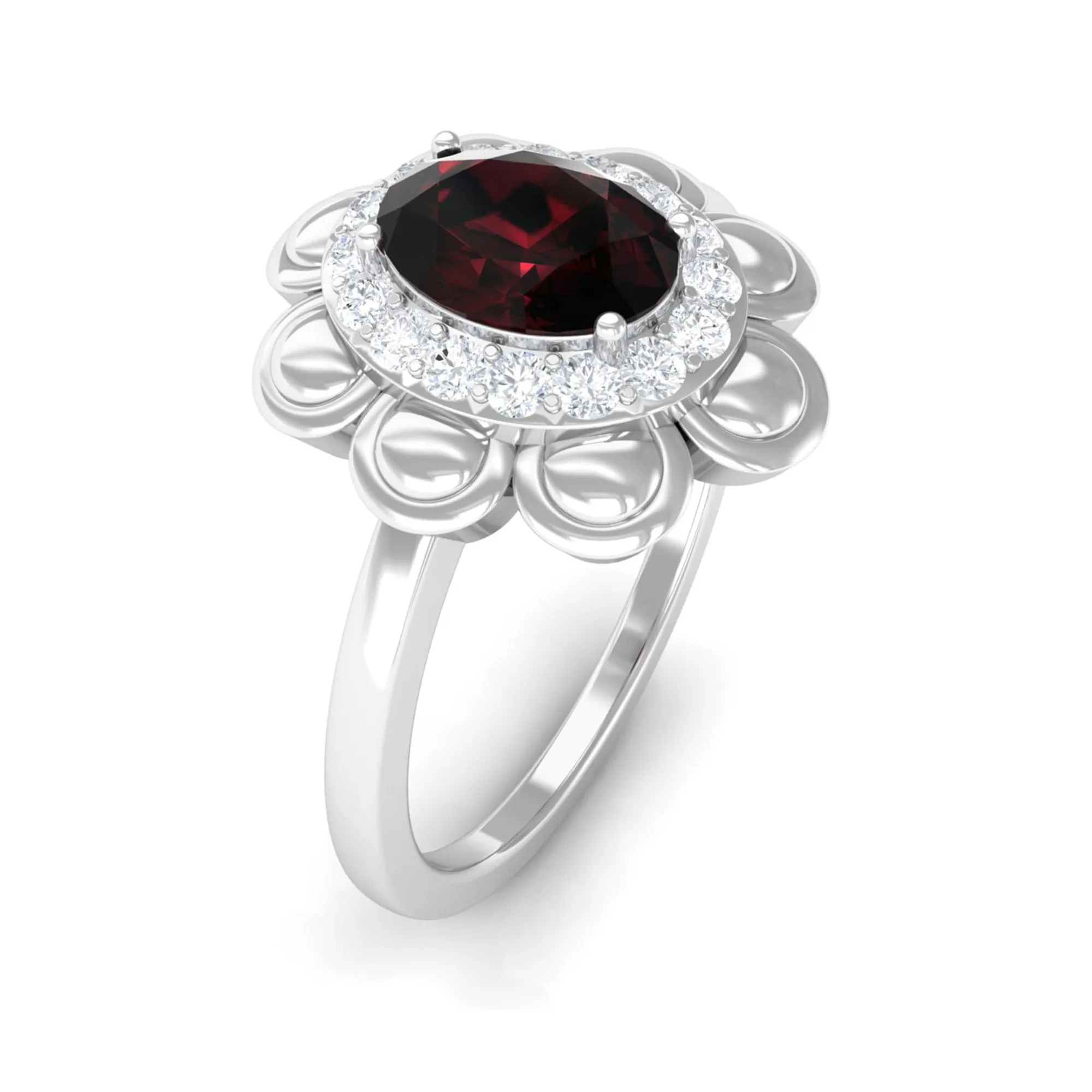 Oval Shape Garnet Flower Engagement Ring with Diamond Halo