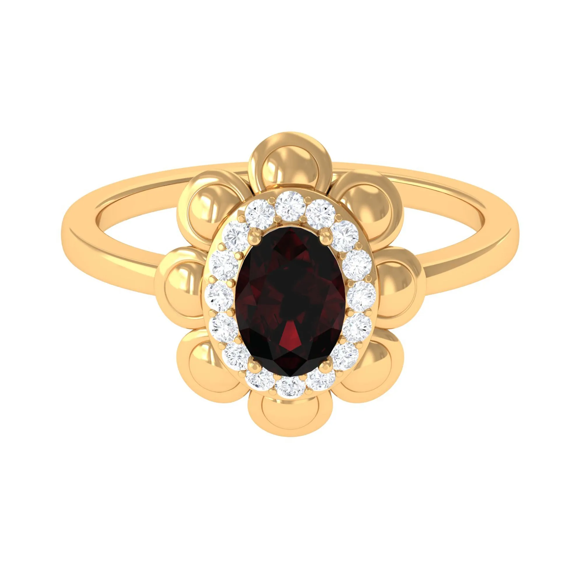 Oval Shape Garnet Flower Engagement Ring with Diamond Halo
