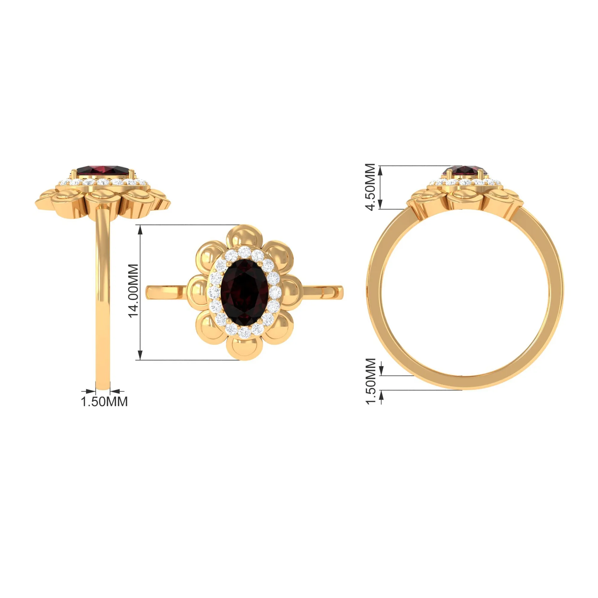 Oval Shape Garnet Flower Engagement Ring with Diamond Halo