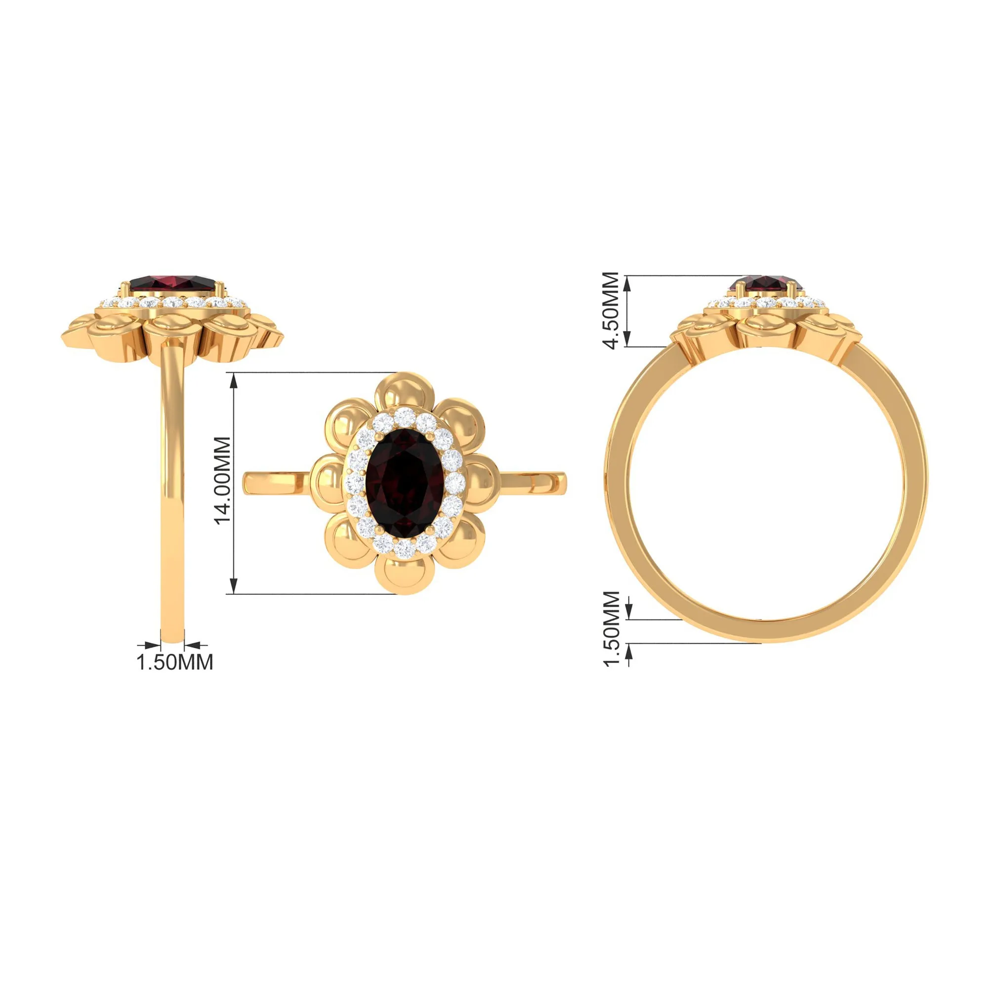 Oval Shape Garnet Flower Engagement Ring with Diamond Halo