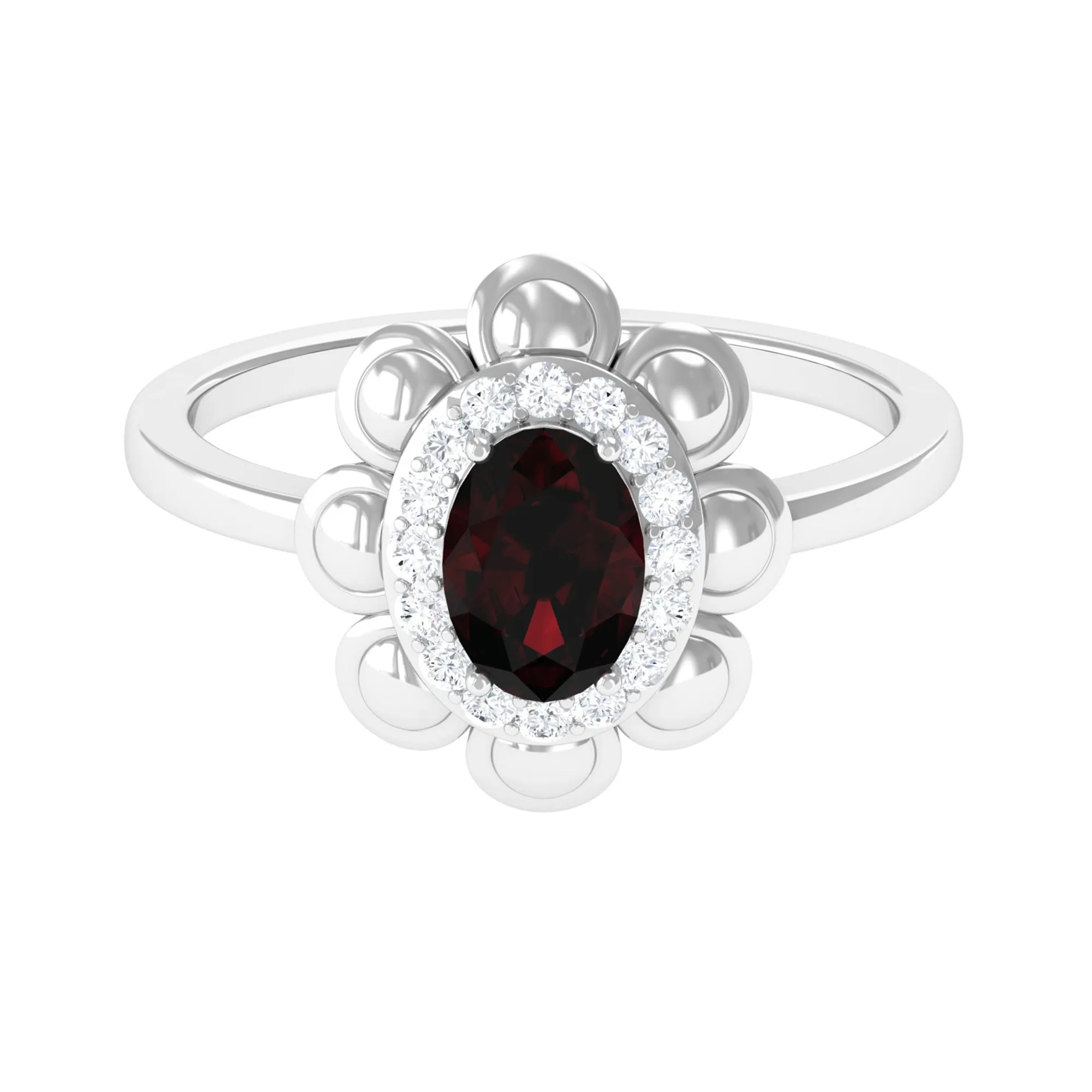 Oval Shape Garnet Flower Engagement Ring with Diamond Halo