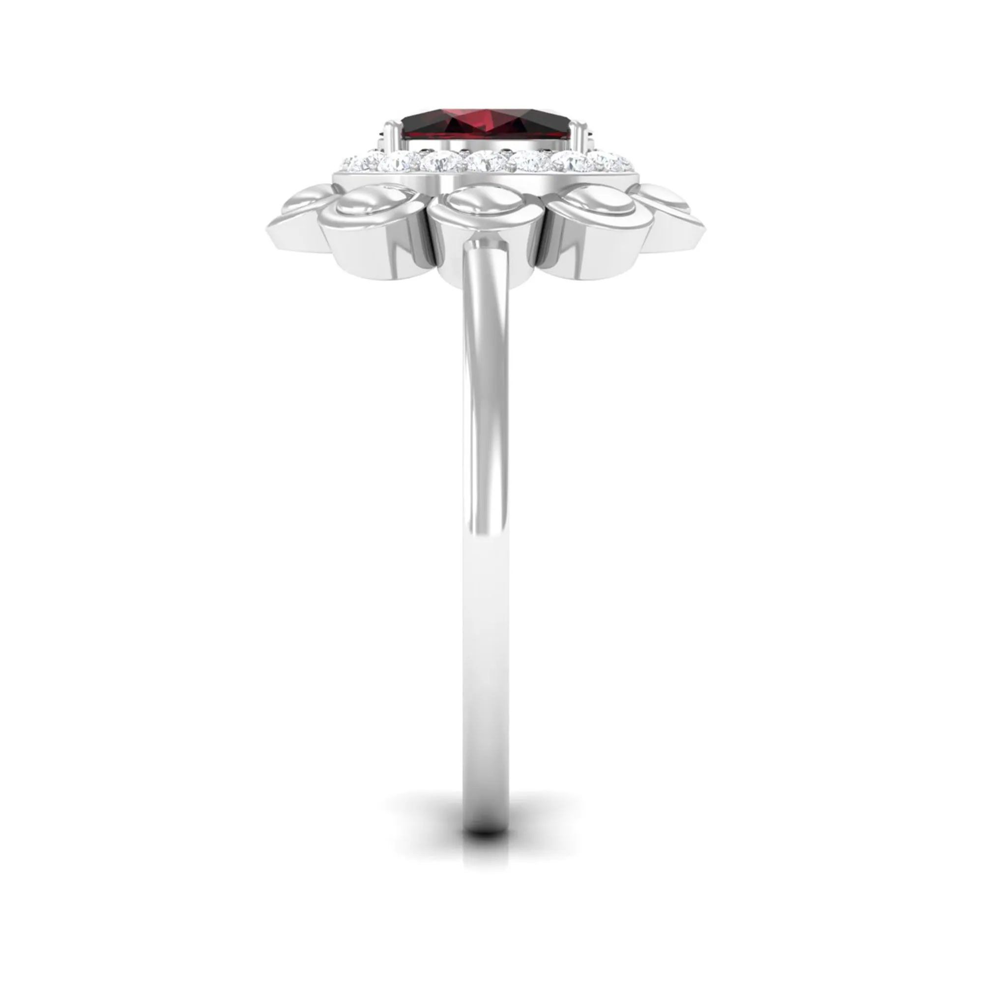 Oval Shape Garnet Flower Engagement Ring with Diamond Halo