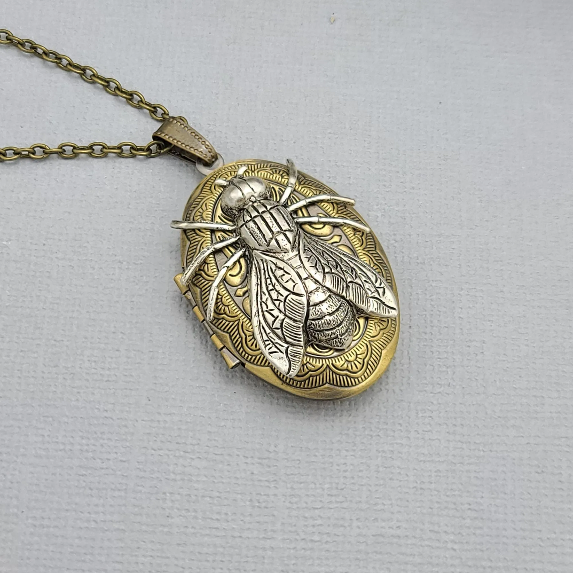 Ox Brass Oval Locket Fly Necklace  Photo Locket.